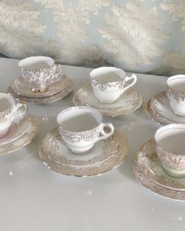 white and gold chintz teacup trio hire