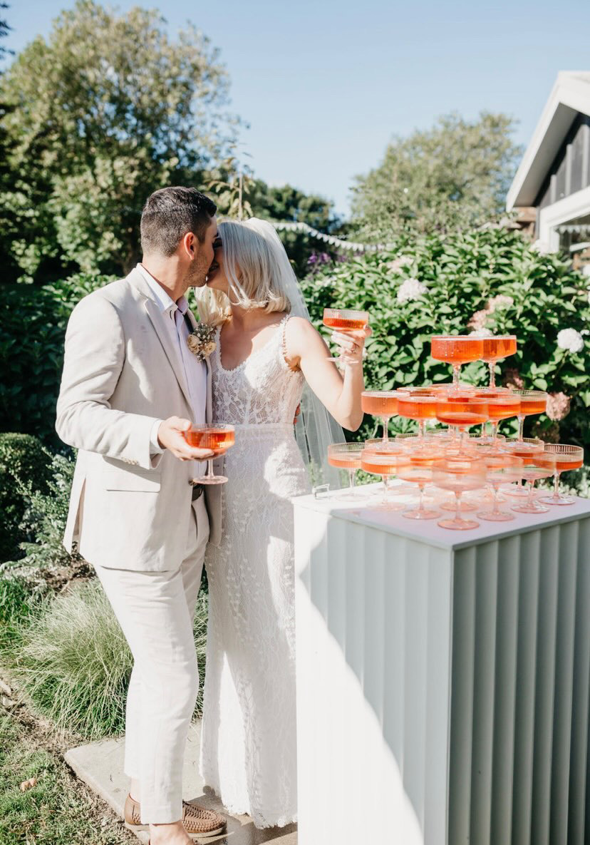 blush pink champagne tower hire auckland nz